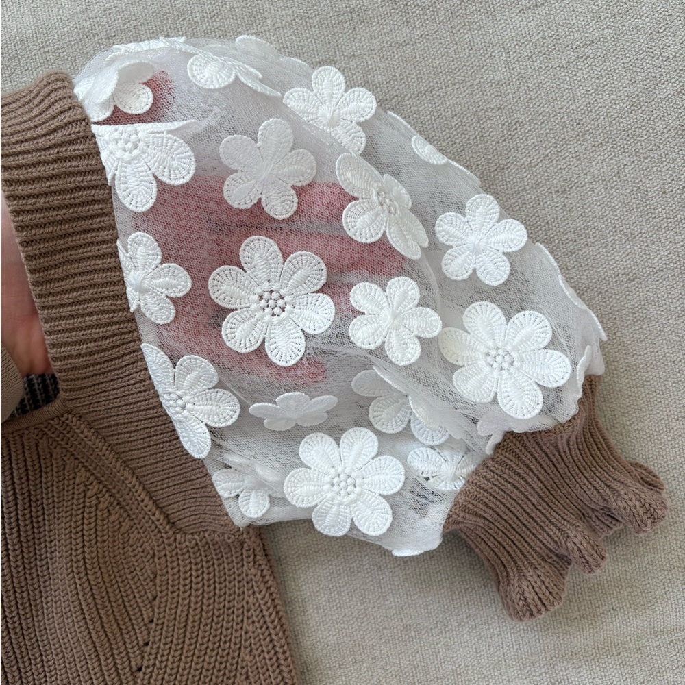 Brown Knit Top with White Floral Sleeves - Picture 2 of 3